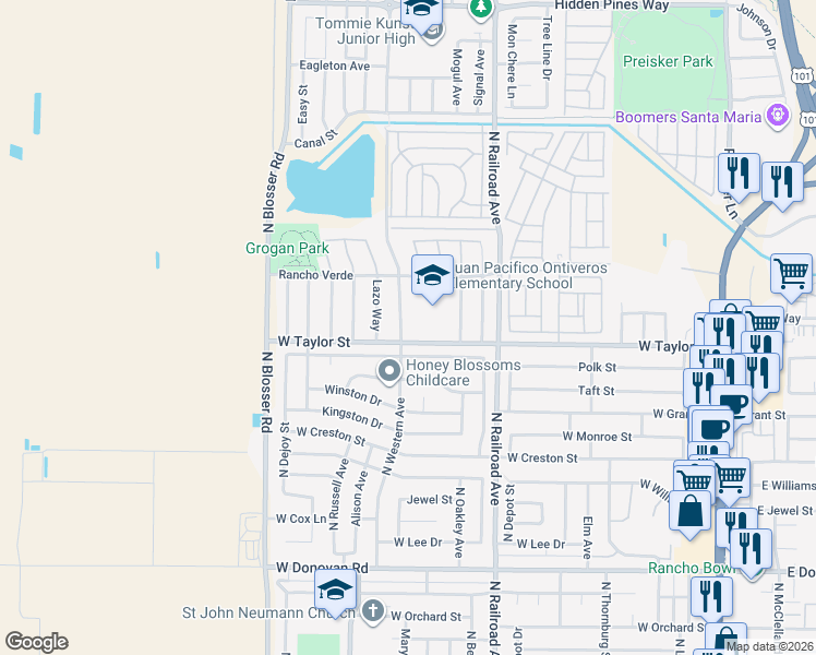 map of restaurants, bars, coffee shops, grocery stores, and more near 1911 North Western Avenue in Santa Maria