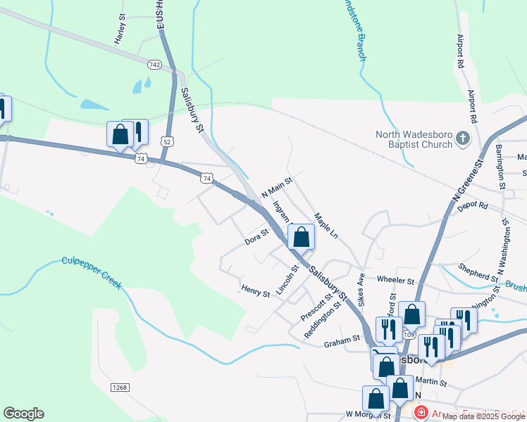 map of restaurants, bars, coffee shops, grocery stores, and more near 810 Salisbury Street in Wadesboro
