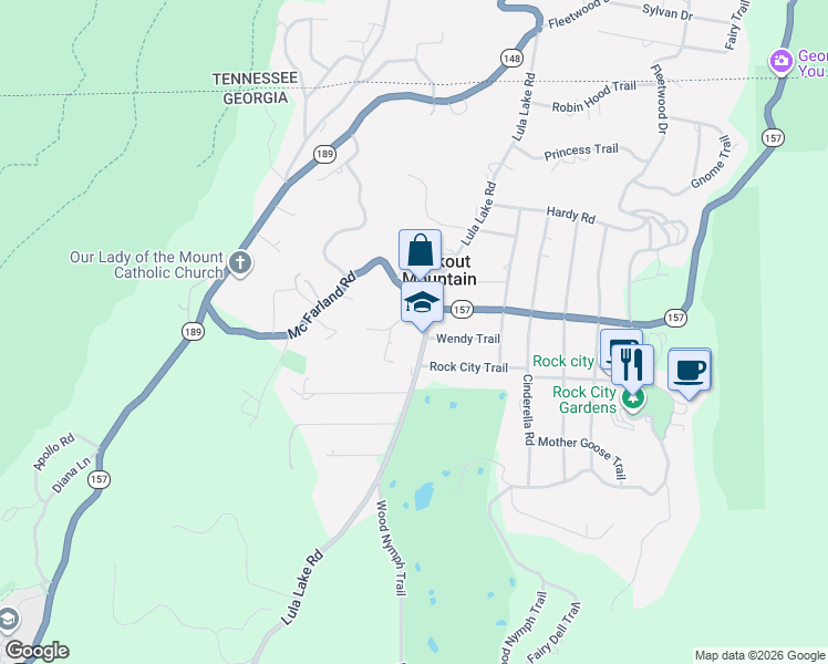 map of restaurants, bars, coffee shops, grocery stores, and more near 1304 Lula Lake Road in Lookout Mountain