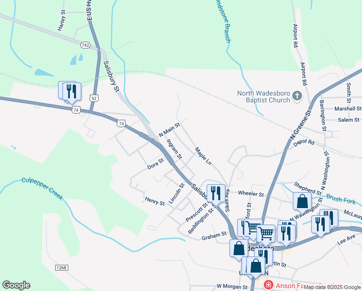 map of restaurants, bars, coffee shops, grocery stores, and more near 804 Ingram Street in Wadesboro