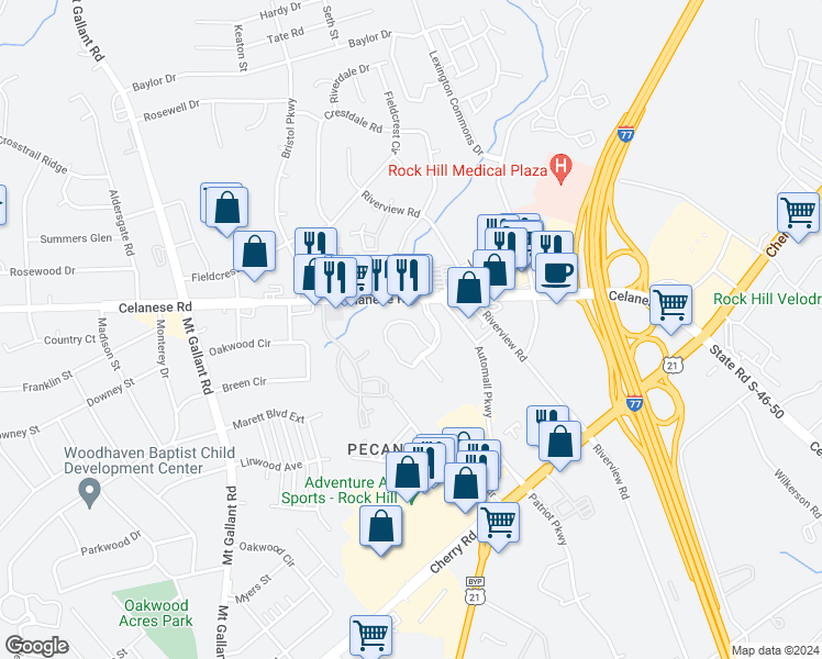 map of restaurants, bars, coffee shops, grocery stores, and more near 1722 Hunters Trail in Rock Hill