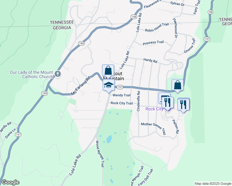 map of restaurants, bars, coffee shops, grocery stores, and more near 209 Wendy Trail in Lookout Mountain