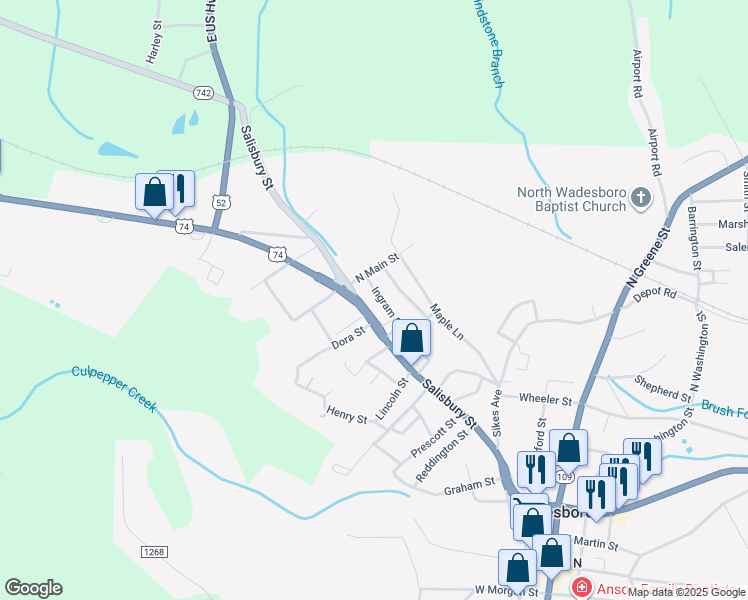map of restaurants, bars, coffee shops, grocery stores, and more near 810 Salisbury Street in Wadesboro