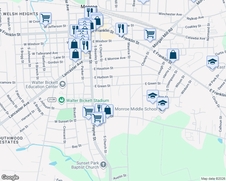 map of restaurants, bars, coffee shops, grocery stores, and more near 710 Forest Valley Lane in Monroe