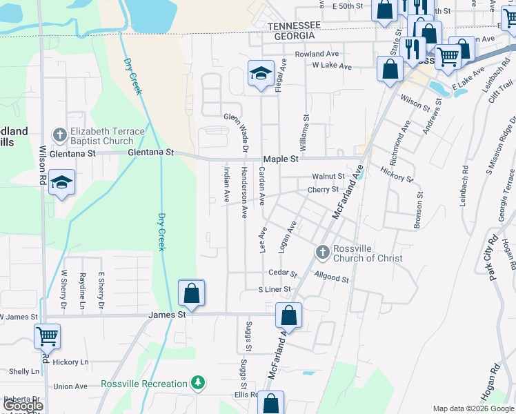 map of restaurants, bars, coffee shops, grocery stores, and more near 806 Henderson Avenue in Rossville