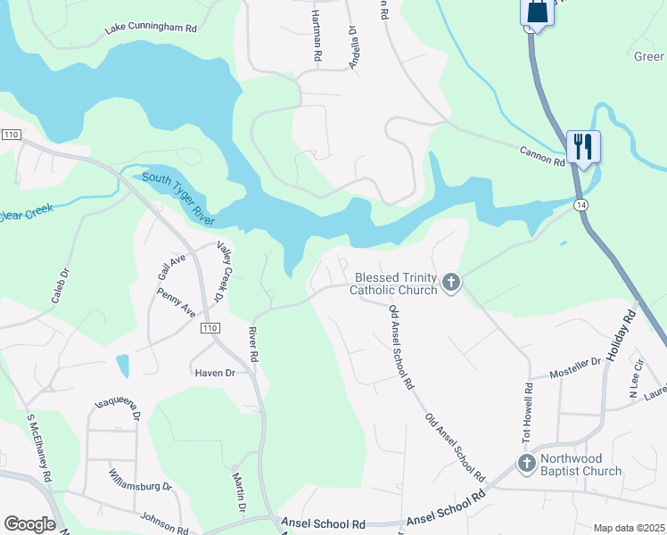 map of restaurants, bars, coffee shops, grocery stores, and more near 1012 River Road in Greer