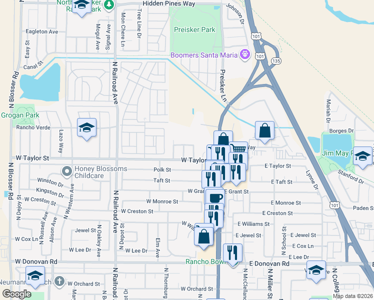 map of restaurants, bars, coffee shops, grocery stores, and more near 1913 Birch Street in Santa Maria