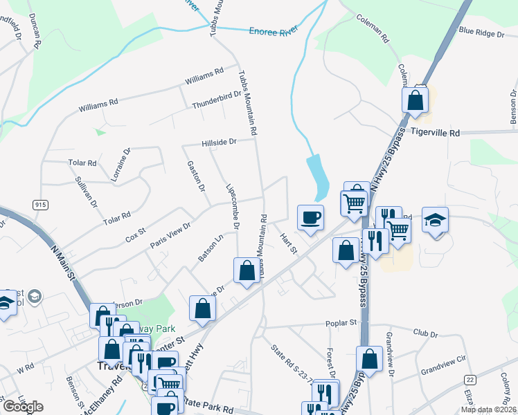 map of restaurants, bars, coffee shops, grocery stores, and more near 203 Tubbs Mountain Road in Travelers Rest