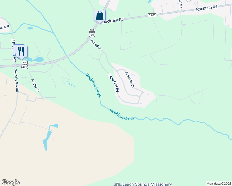 map of restaurants, bars, coffee shops, grocery stores, and more near 499 Cape Fear Road in Raeford