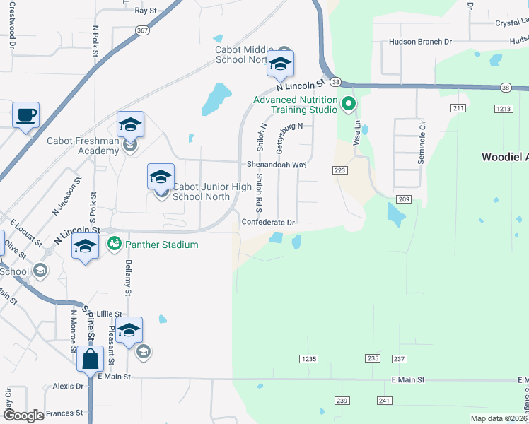 map of restaurants, bars, coffee shops, grocery stores, and more near 27 Shiloh Road South in Cabot