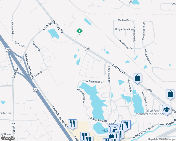 map of restaurants, bars, coffee shops, grocery stores, and more near 7877 Allenwood Lane in Olive Branch