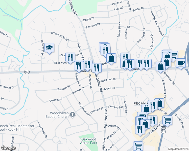 map of restaurants, bars, coffee shops, grocery stores, and more near 1761 Mount Gallant Road in Rock Hill
