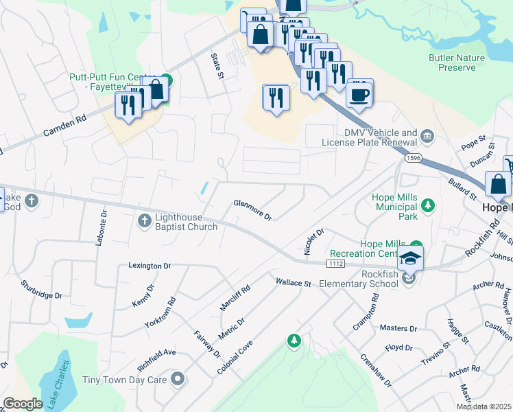 map of restaurants, bars, coffee shops, grocery stores, and more near 3225 Old Oak Lane in Hope Mills
