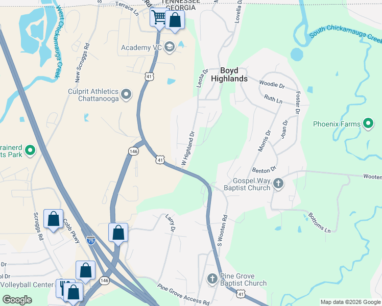 map of restaurants, bars, coffee shops, grocery stores, and more near 89 West Highland Drive in Ringgold