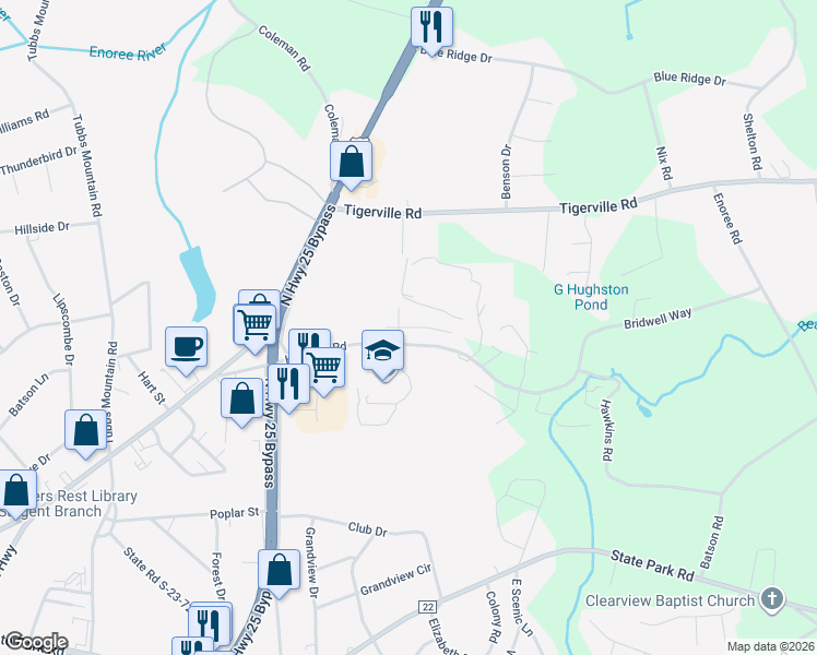 map of restaurants, bars, coffee shops, grocery stores, and more near 139-399 Hawkins Rd in Travelers Rest