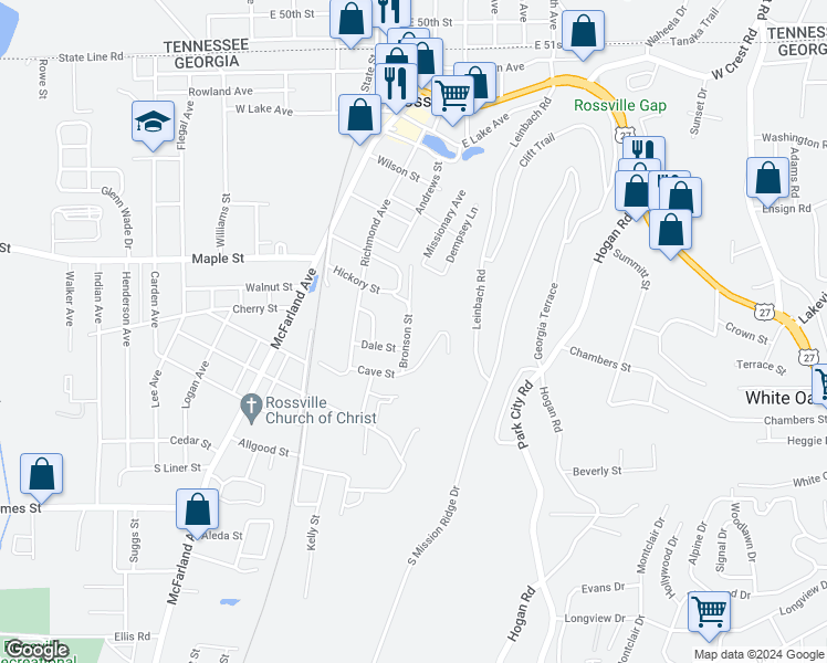 map of restaurants, bars, coffee shops, grocery stores, and more near 712 Bronson Street in Rossville