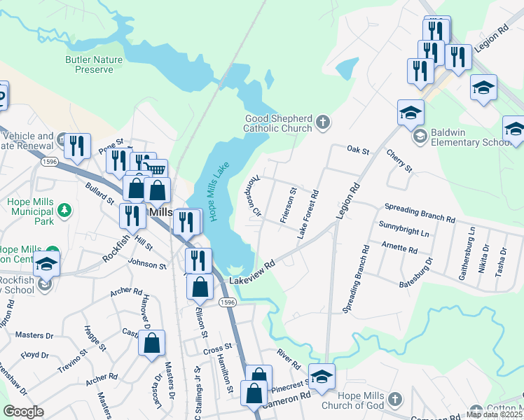 map of restaurants, bars, coffee shops, grocery stores, and more near 5404 Thompson Circle in Hope Mills