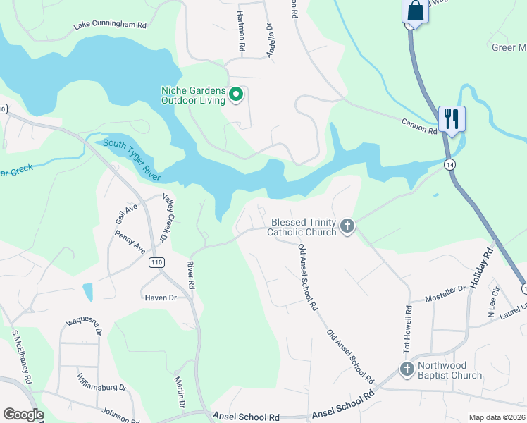 map of restaurants, bars, coffee shops, grocery stores, and more near 1012 River Road in Greer