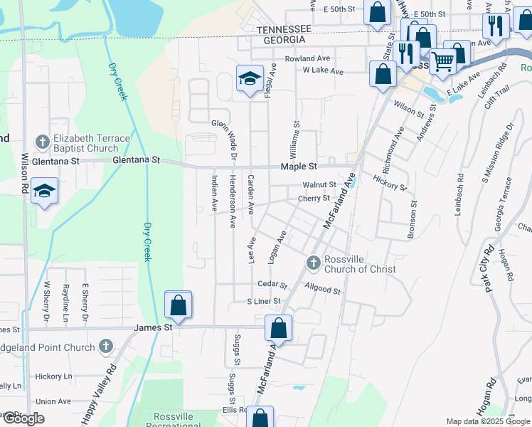map of restaurants, bars, coffee shops, grocery stores, and more near 215 West Peachtree Street in Rossville