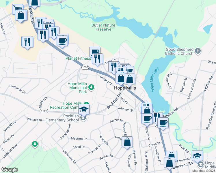map of restaurants, bars, coffee shops, grocery stores, and more near 3431 Hill Street in Hope Mills