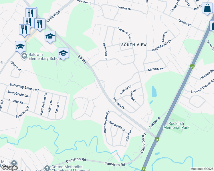 map of restaurants, bars, coffee shops, grocery stores, and more near 509 Meadowland Court in Hope Mills
