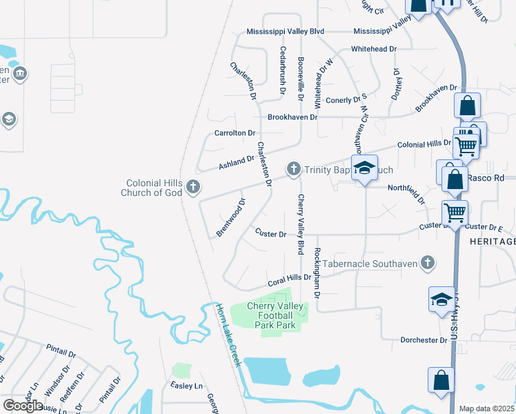 map of restaurants, bars, coffee shops, grocery stores, and more near 7913 Charleston Drive in Southaven