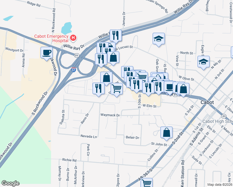 map of restaurants, bars, coffee shops, grocery stores, and more near 1295 West Main Street in Cabot