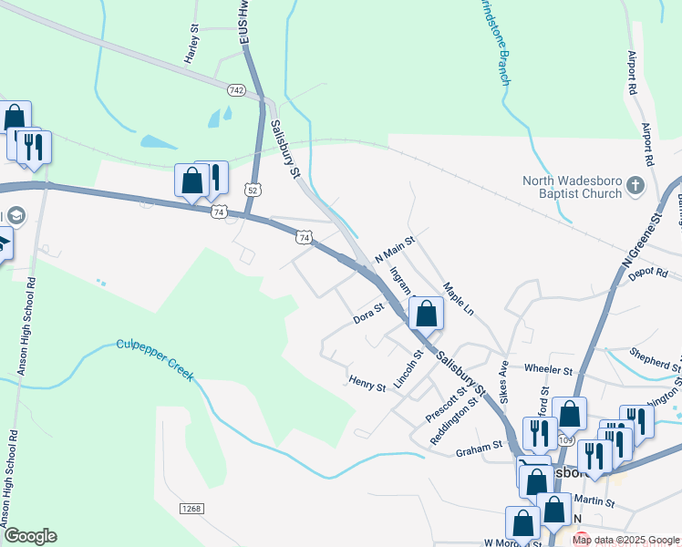 map of restaurants, bars, coffee shops, grocery stores, and more near 950 South Main Street in Wadesboro