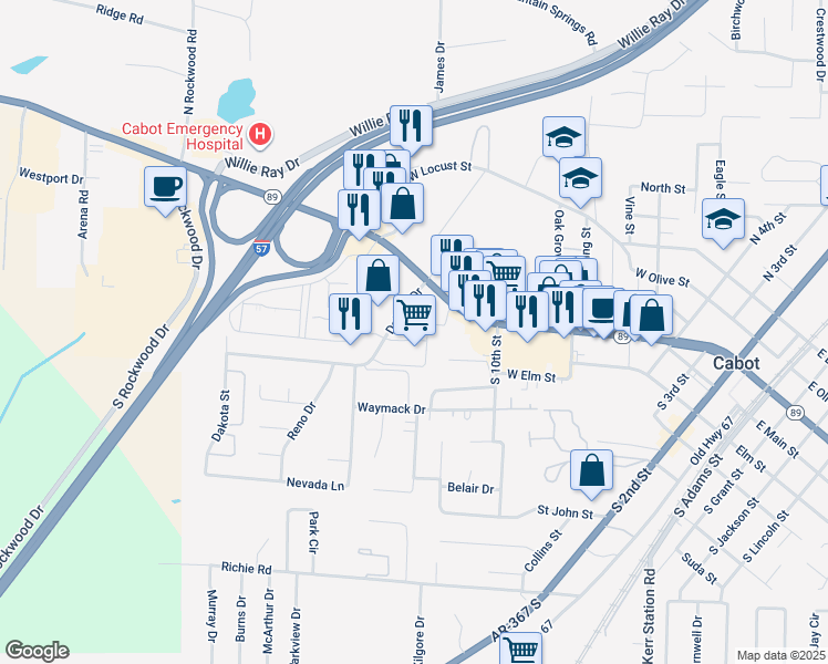 map of restaurants, bars, coffee shops, grocery stores, and more near 1295 West Main Street in Cabot