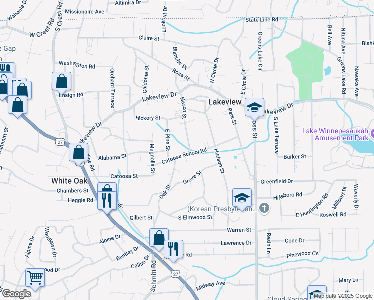 map of restaurants, bars, coffee shops, grocery stores, and more near 23 Nason Street in Rossville