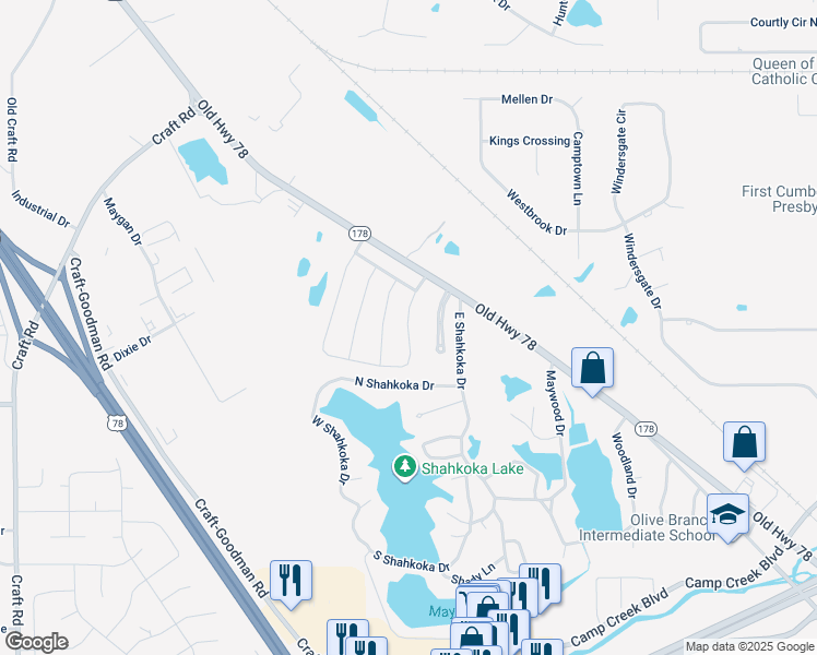 map of restaurants, bars, coffee shops, grocery stores, and more near 7884 Ridgedale Drive in Olive Branch