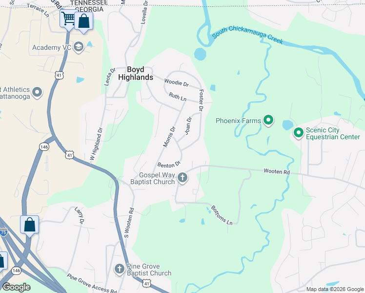 map of restaurants, bars, coffee shops, grocery stores, and more near 198 Benton Drive in Ringgold