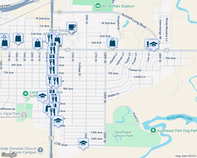 map of restaurants, bars, coffee shops, grocery stores, and more near 2710 8th Avenue in Canyon