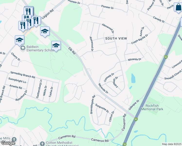 map of restaurants, bars, coffee shops, grocery stores, and more near 4753 Banks Court in Hope Mills
