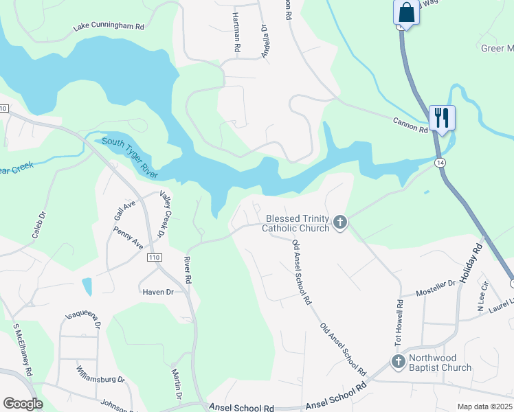 map of restaurants, bars, coffee shops, grocery stores, and more near 1012 River Road in Greer