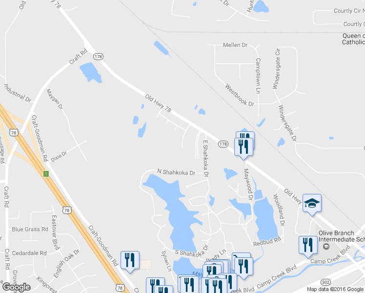 map of restaurants, bars, coffee shops, grocery stores, and more near 7916 Ridgedale Drive in Olive Branch