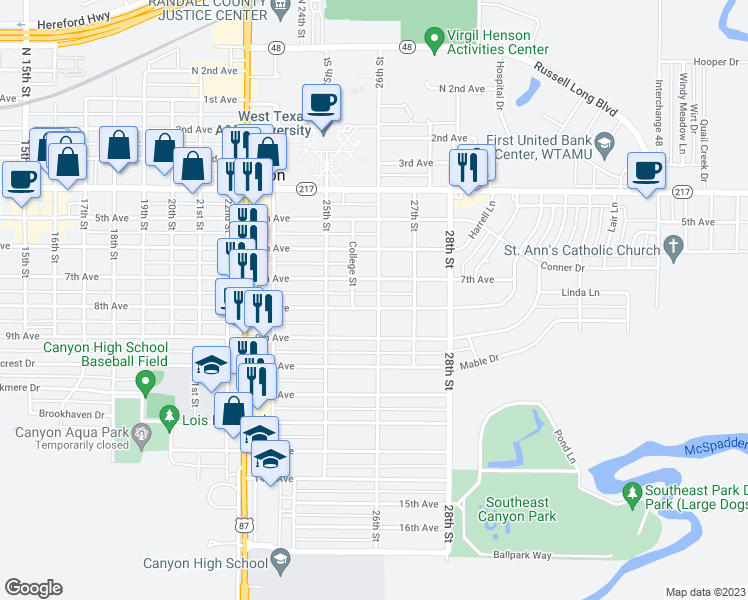 map of restaurants, bars, coffee shops, grocery stores, and more near 2519 8th Avenue in Canyon