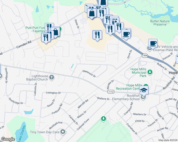 map of restaurants, bars, coffee shops, grocery stores, and more near 3225 Old Oak Lane in Hope Mills