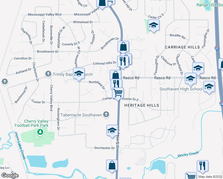 map of restaurants, bars, coffee shops, grocery stores, and more near 1580 Gilford Cove East in Southaven