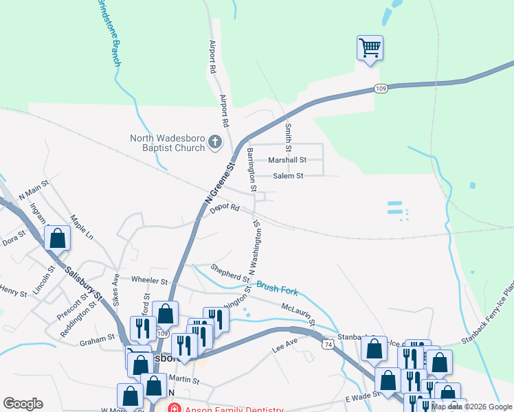map of restaurants, bars, coffee shops, grocery stores, and more near 1001 Barrington Street in Wadesboro