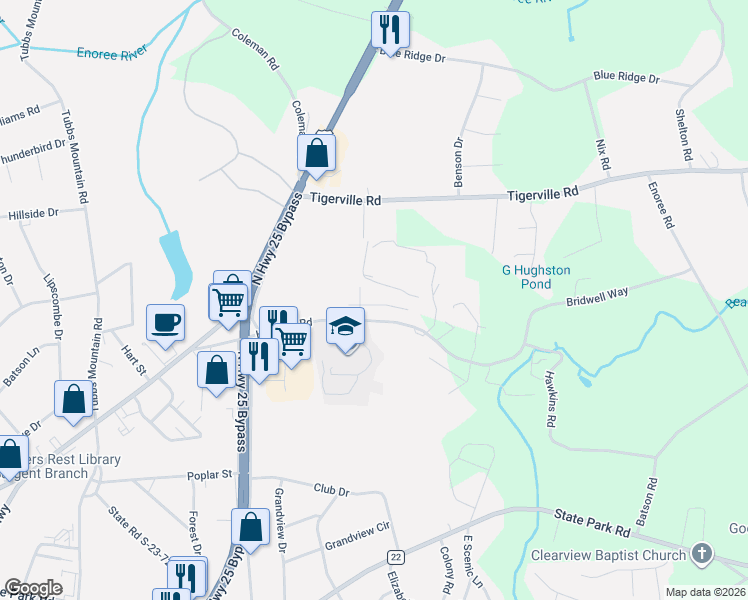 map of restaurants, bars, coffee shops, grocery stores, and more near 139-399 Hawkins Rd in Travelers Rest