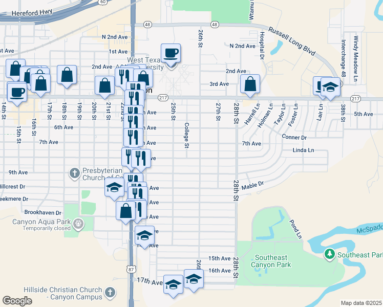 map of restaurants, bars, coffee shops, grocery stores, and more near 2517 8th Avenue in Canyon