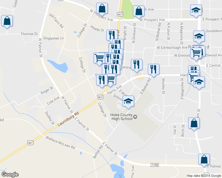 map of restaurants, bars, coffee shops, grocery stores, and more near 724 Harris Ave in Raeford