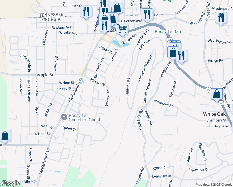 map of restaurants, bars, coffee shops, grocery stores, and more near 9 Fox Chase Street in Rossville