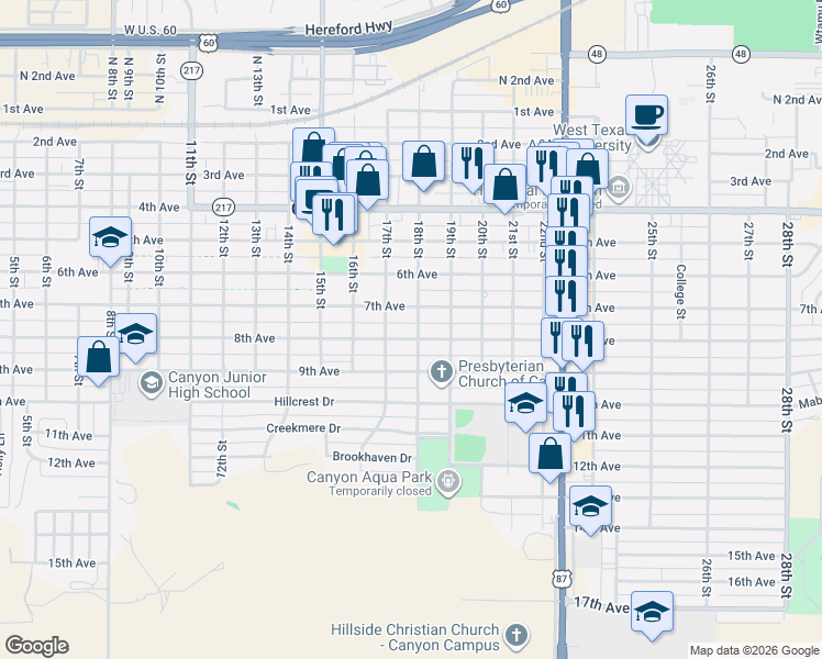 map of restaurants, bars, coffee shops, grocery stores, and more near 1800 8th Avenue in Canyon