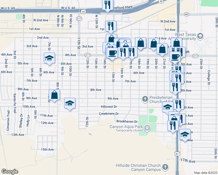 map of restaurants, bars, coffee shops, grocery stores, and more near 1404 8th Ave in Canyon
