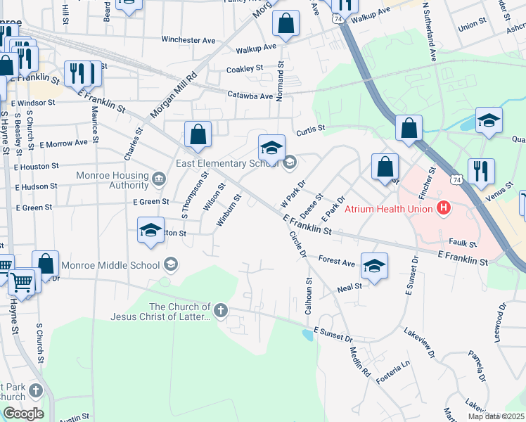 map of restaurants, bars, coffee shops, grocery stores, and more near 1014 East Franklin Street in Monroe