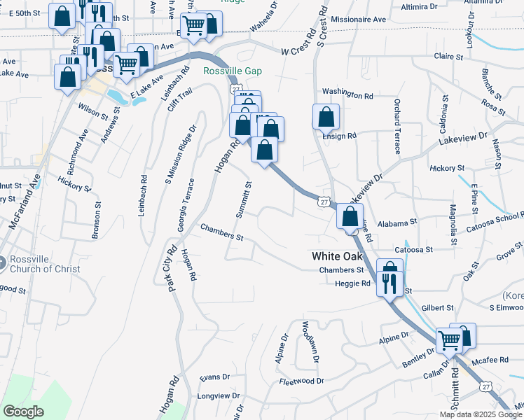 map of restaurants, bars, coffee shops, grocery stores, and more near 113 Ridgecrest Circle in Rossville