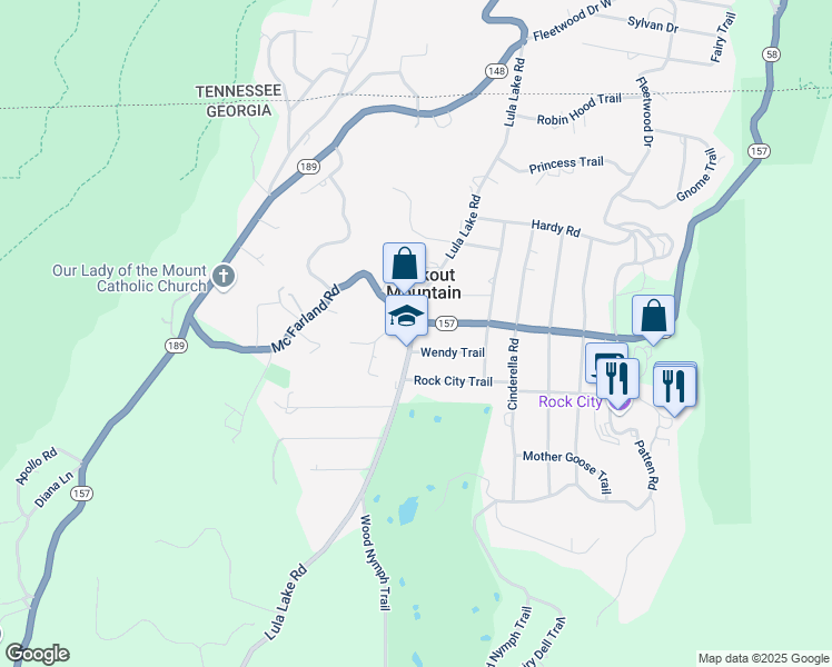 map of restaurants, bars, coffee shops, grocery stores, and more near 209 Wendy Trail in Lookout Mountain