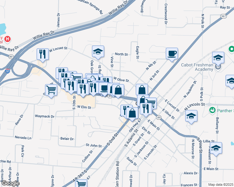 map of restaurants, bars, coffee shops, grocery stores, and more near 521 West Main Street in Cabot
